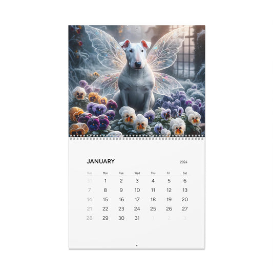 "Seasons of Magic: A Year with the Fairy-Winged Bullterrier" Wall Calendars (2024)Printify