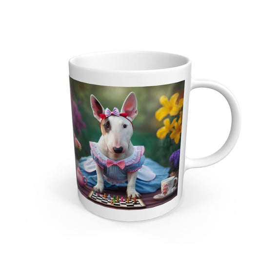 White Beautiful and cute bull terrier wearing a pink and white dress